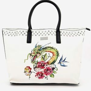 John Richmond White and Black Tote Bag with Dragon and Floral Design